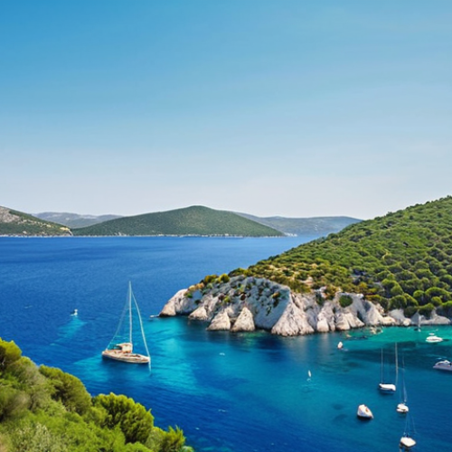 Home 15 **Scenic Croatian Coastline:** Capture the beauty of the Dalmatian Coast with a yacht sailing on the clear blue water against a backdrop of green hills and islands. Focus on the vibrant colors and serene atmosphere.