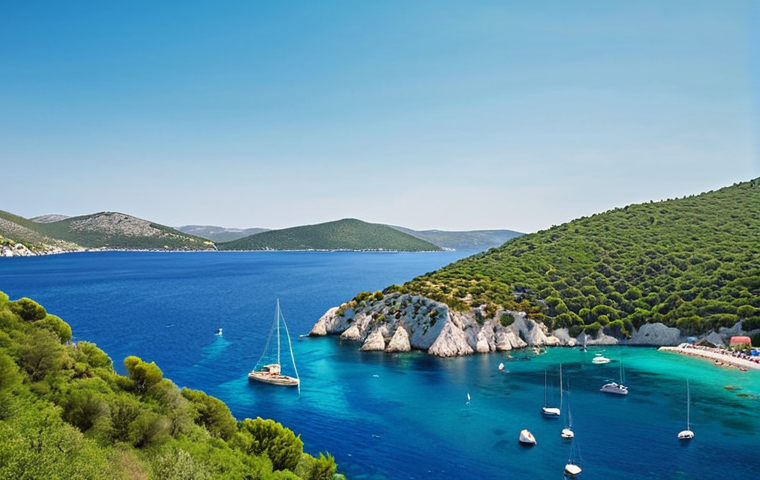 **Scenic Croatian Coastline:** Capture the beauty of the Dalmatian Coast with a yacht sailing on the clear blue water against a backdrop of green hills and islands. Focus on the vibrant colors and serene atmosphere.