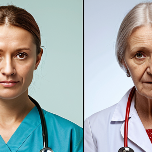 Home 14 **Prompt:** A split image showing the challenges and solutions in Croatian healthcare: On one side, depict an aging population and a shortage of doctors/nurses; on the other, showcase advancements in telemedicine, electronic health records, and readily available health insurance, highlighting improved access to healthcare services.