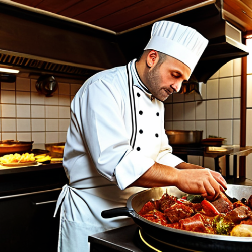 Home 7 **
"A chef in a traditional Croatian 'konoba' (restaurant), fully clothed in chef's attire, preparing 'peka' (meat and vegetables slow-cooked under a bell), safe for work, appropriate content, perfect anatomy, natural proportions, warm lighting, family-friendly atmosphere."
**