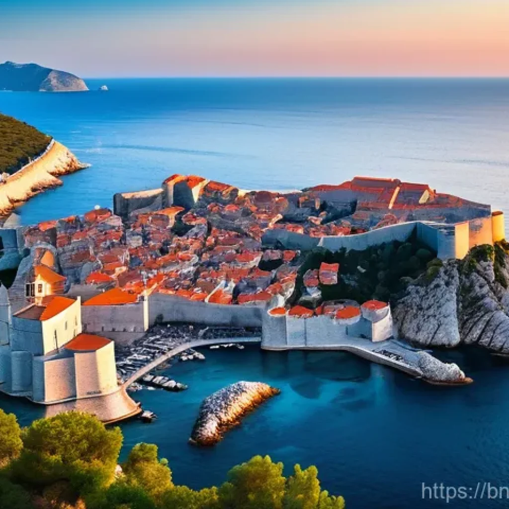크로아티아 필수 관광지 - **"A breathtaking panoramic view of Dubrovnik's ancient city walls at sunset. The historic orange-ti...