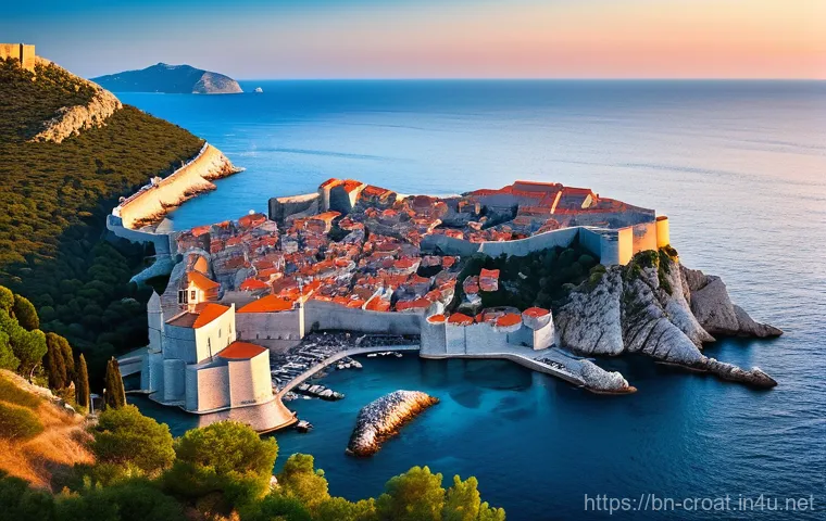 크로아티아 필수 관광지 - **"A breathtaking panoramic view of Dubrovnik's ancient city walls at sunset. The historic orange-ti...