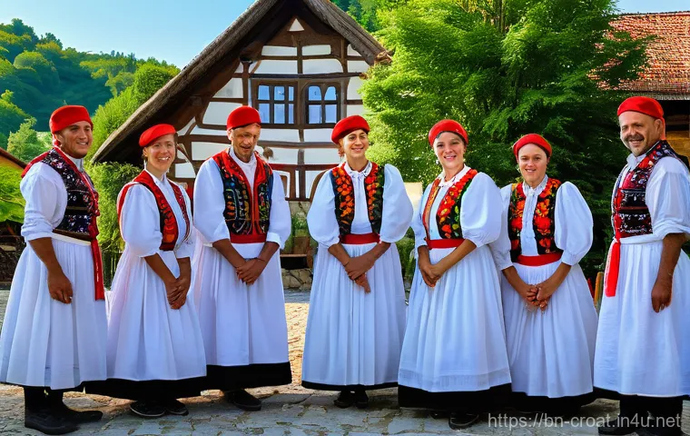 크로아티아 전통 의상과 문화 - **Prompt 1: Vibrant Slavonian Folk Dance**
    "A group of diverse Croatian men and women joyfully p...