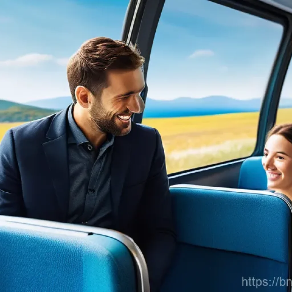 크로아티아 대중교통 이용법 - A vibrant, sunny scene depicting modern intercity bus travel through the picturesque Croatian landsc...