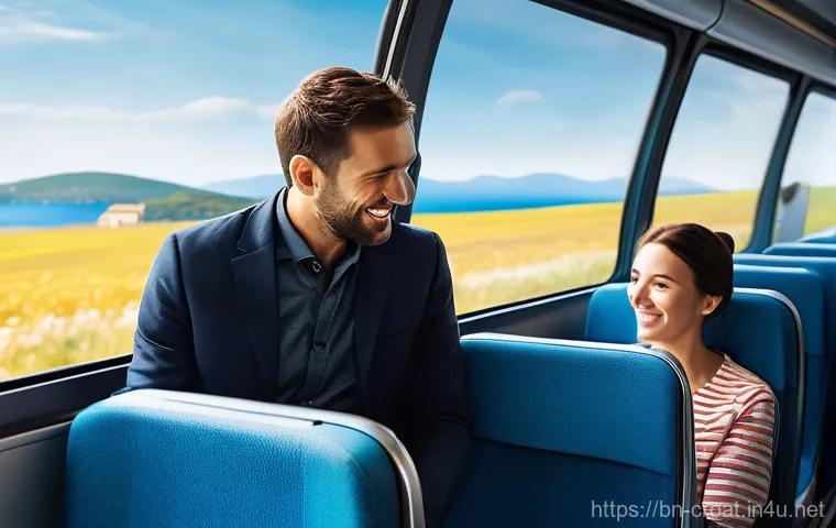 크로아티아 대중교통 이용법 - A vibrant, sunny scene depicting modern intercity bus travel through the picturesque Croatian landsc...