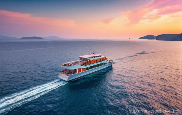 크로아티아 대중교통 이용법 - A vibrant, sunny scene depicting modern intercity bus travel through the picturesque Croatian landsc...
