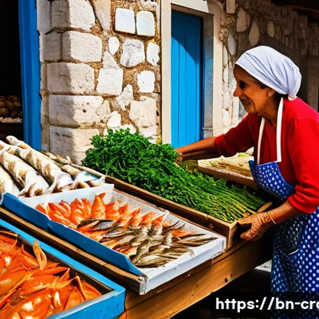 크로아티아에서 전통 방식으로 요리 배우기 - A vibrant Croatian coastal market scene showcasing a variety of fresh seafood, colorful seasonal veg...