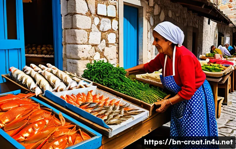 크로아티아에서 전통 방식으로 요리 배우기 - A vibrant Croatian coastal market scene showcasing a variety of fresh seafood, colorful seasonal veg...