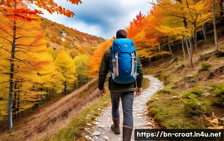 크로아티아 국립공원 탐방 가이드 - A serene hiking trail in the Croatian mountains during autumn, featuring colorful foliage with red, ...