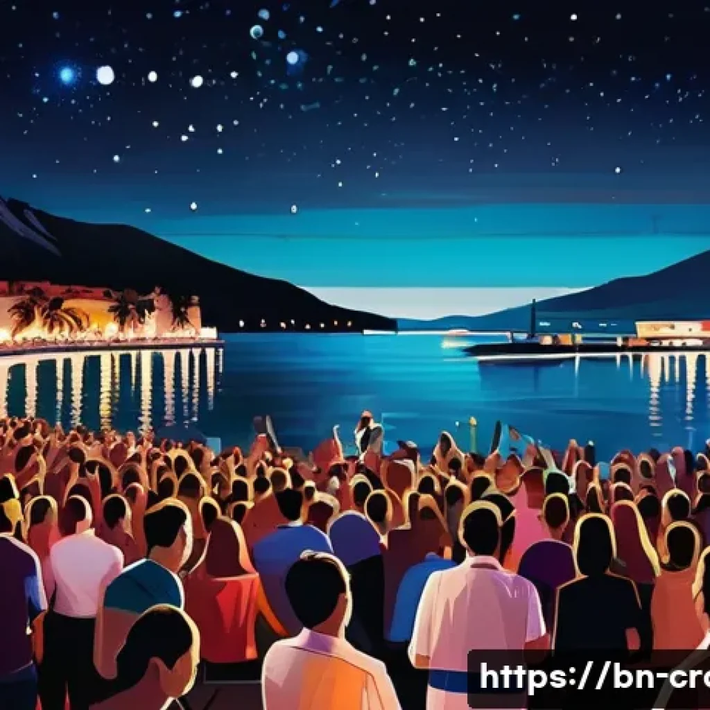 크로아티아 유흥 문화 및 나이트라이프 - A lively nighttime scene at a waterfront club in Split, Croatia, showing a diverse crowd dancing ene...