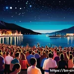 Home 22 크로아티아 유흥 문화 및 나이트라이프 - A lively nighttime scene at a waterfront club in Split, Croatia, showing a diverse crowd dancing ene...