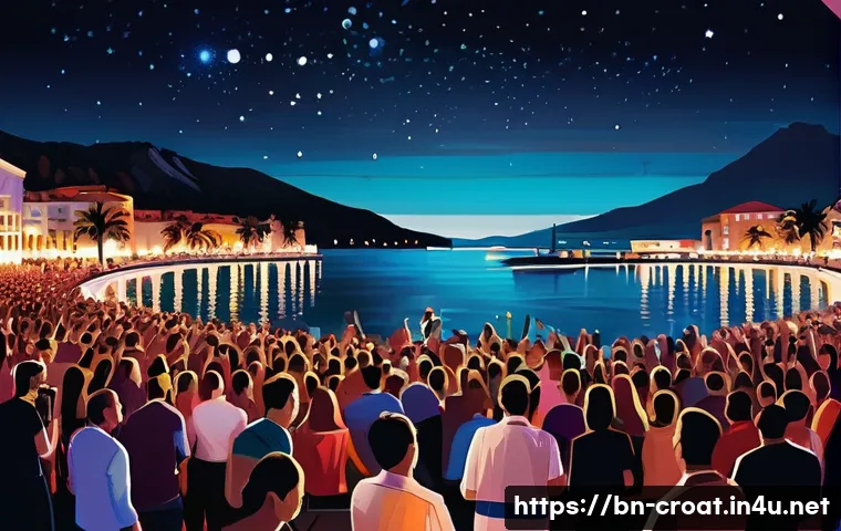 크로아티아 유흥 문화 및 나이트라이프 - A lively nighttime scene at a waterfront club in Split, Croatia, showing a diverse crowd dancing ene...