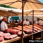Home 21 크로아티아 전통 음식 체바피 - A detailed scene of a traditional Croatian marketplace in Dalmatia with fresh cuts of beef and lamb ...