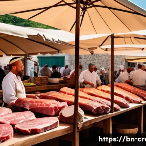 Home 33 크로아티아 전통 음식 체바피 - A detailed scene of a traditional Croatian marketplace in Dalmatia with fresh cuts of beef and lamb ...