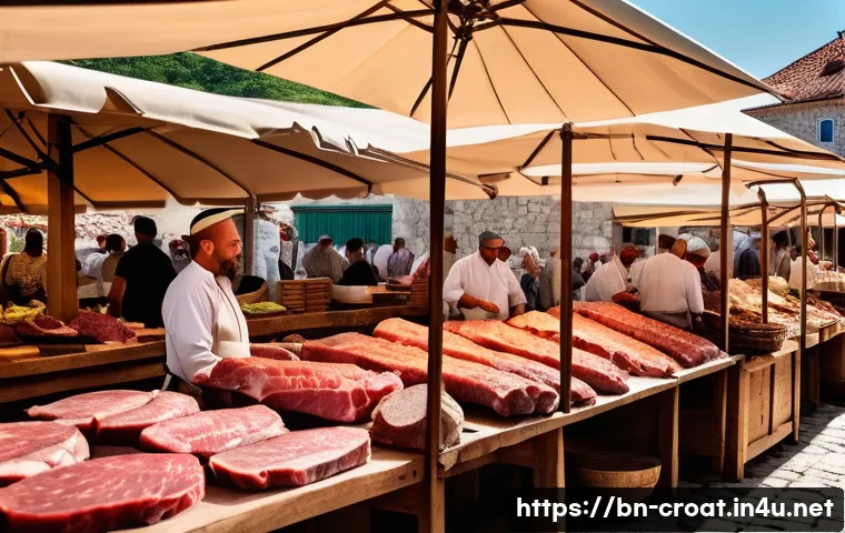 크로아티아 전통 음식 체바피 - A detailed scene of a traditional Croatian marketplace in Dalmatia with fresh cuts of beef and lamb ...