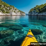 Home 19 크로아티아에서 모험 여행 즐기기 - A serene kayaking scene in Croatia’s archipelago during summer, featuring a person wearing appropria...