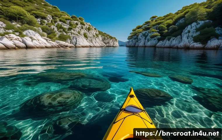 크로아티아에서 모험 여행 즐기기 - A serene kayaking scene in Croatia’s archipelago during summer, featuring a person wearing appropria...