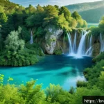 Home 18 크로아티아 자연 경관 촬영 명소 - A breathtaking panoramic view of Croatia’s Plitvice National Park at sunrise, showcasing lush green ...
