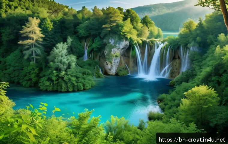 크로아티아 자연 경관 촬영 명소 - A breathtaking panoramic view of Croatia’s Plitvice National Park at sunrise, showcasing lush green ...